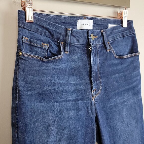 Frame Le Crop Mini Boot Ankle Flare High Rise Dark Wash Frayed Cutoff Jeans 28 - Picture 4 of 16